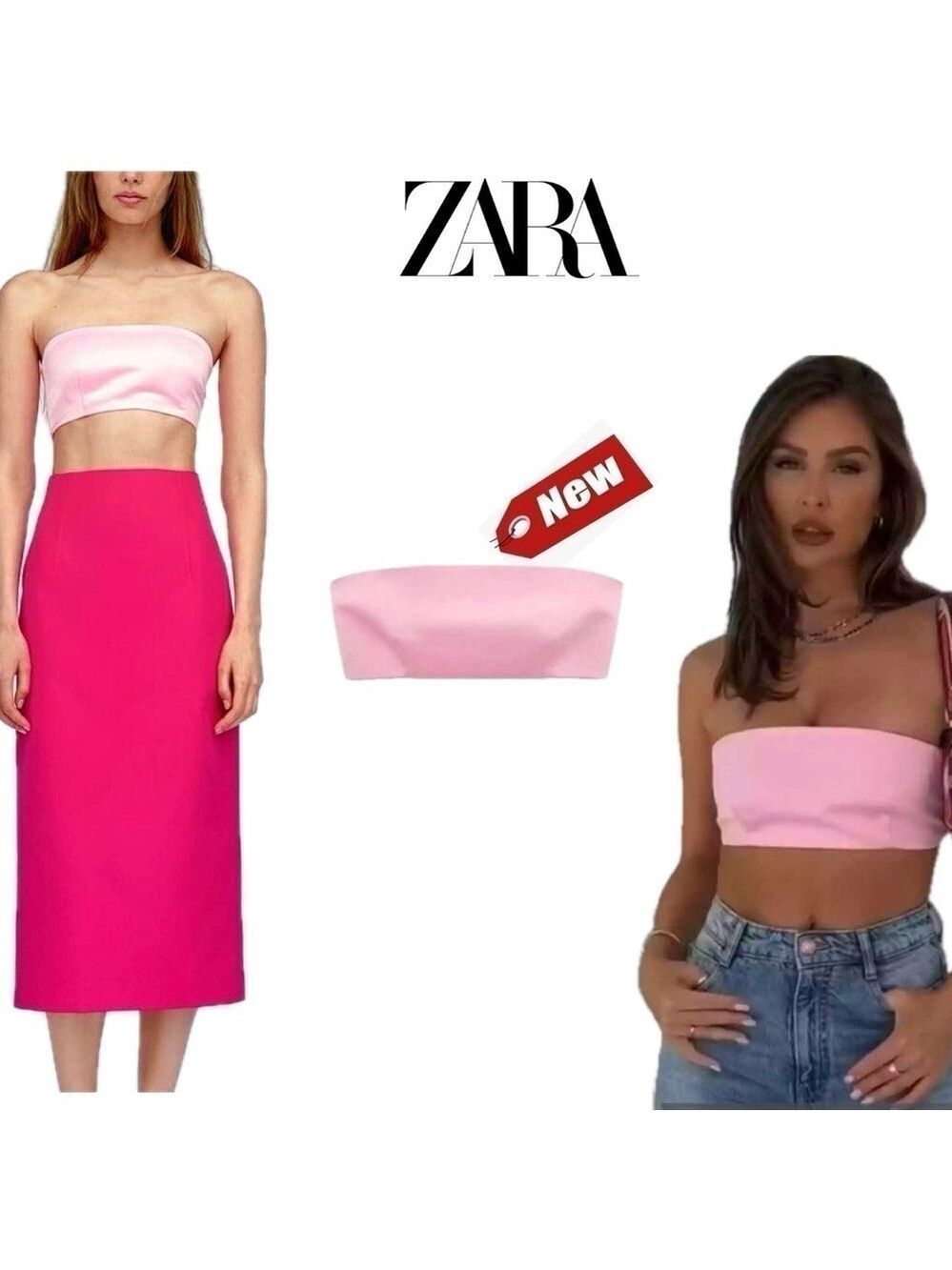 Zara light pink satin effect bandeau strapless crop top Sz L NWT